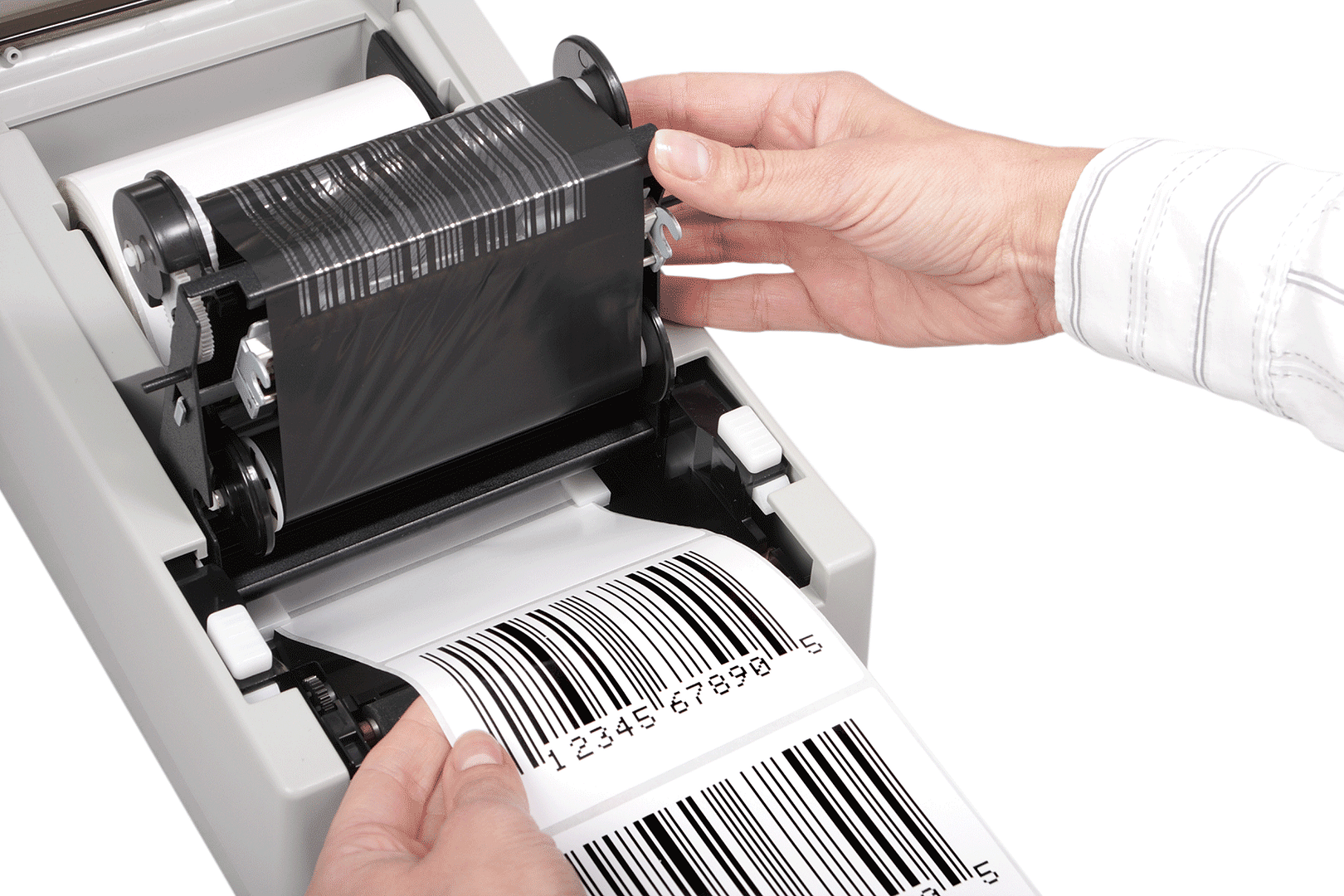 desktop printer hands opened barcode printed