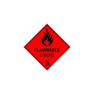 a red diamond with a line with flames on top of it and FLAMMABLE LIQUID 3 with a thin black border set in from the edge