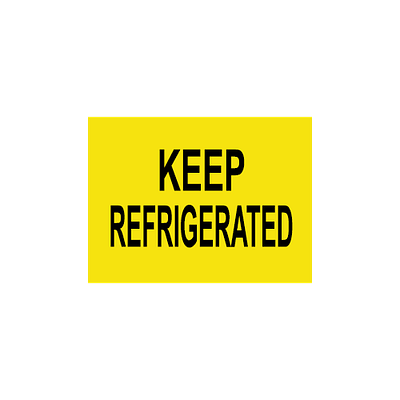 a black and yellow rectangle with KEEP REFRIGERATED