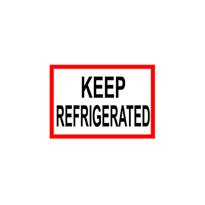 a white rectangle with a red border and KEEP REFRIGERATED