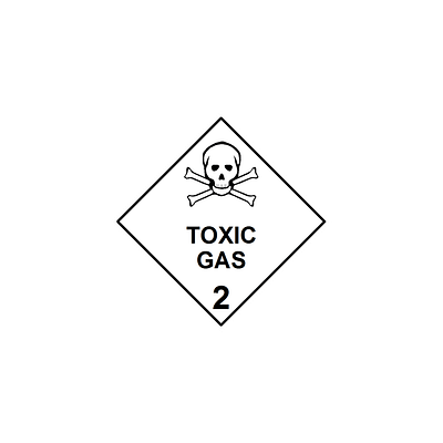 a diamond with a skull and crossbones symbol and TOXIC GAS 2 with a thin black border set in from the edge