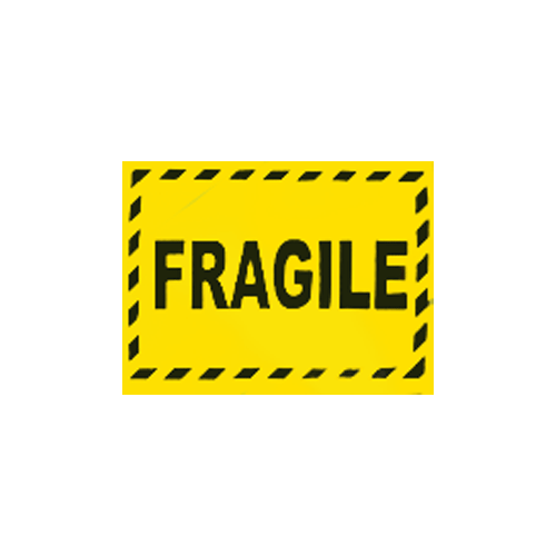 a black and yellow rectangle with a dashed border and FRAGILE