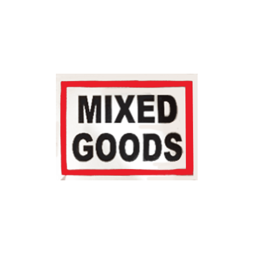 a white rectangle with a red border and MIXED GOODS