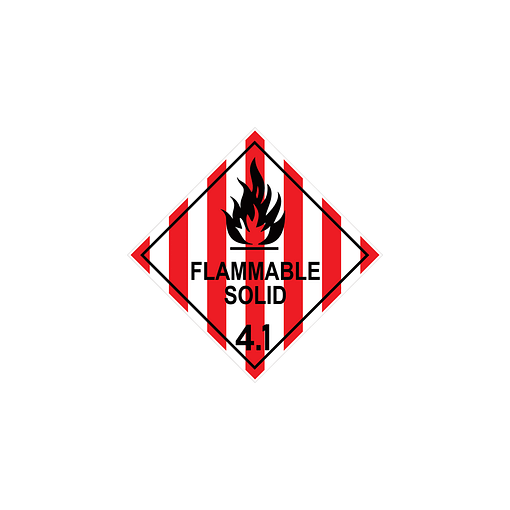 a red and white vertically striped diamond with a line with flames on top of it and FLAMMABLE SOLID 4.1 with a thin black border set in from the edge