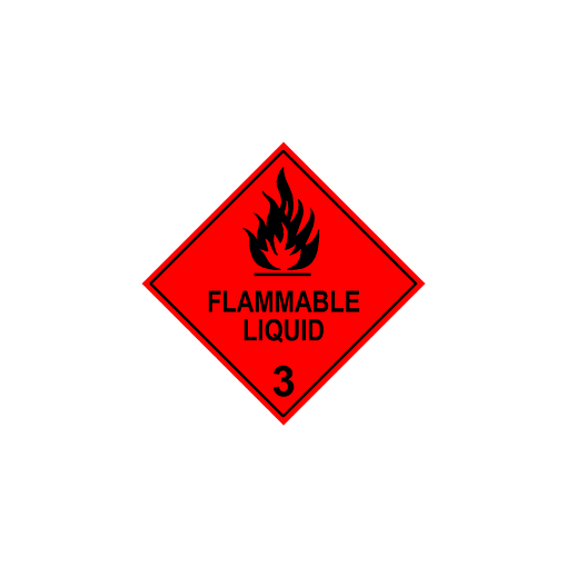 a red diamond with a line with flames on top of it and FLAMMABLE LIQUID 3 with a thin black border set in from the edge