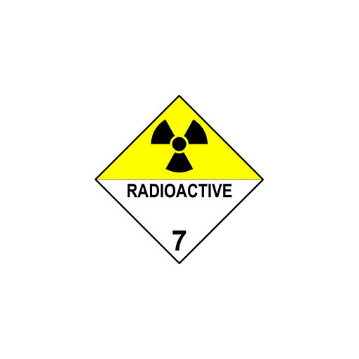 a diamond with a radioactive symbol on the yellow top half and and RADIOACTIVE 7 in the white bottom half surrounded by a thin black border set in from the edge